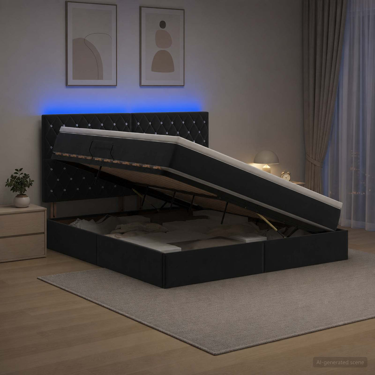 LED krevet za pohranu s madracem Crna 180 x 200 cm Baršun