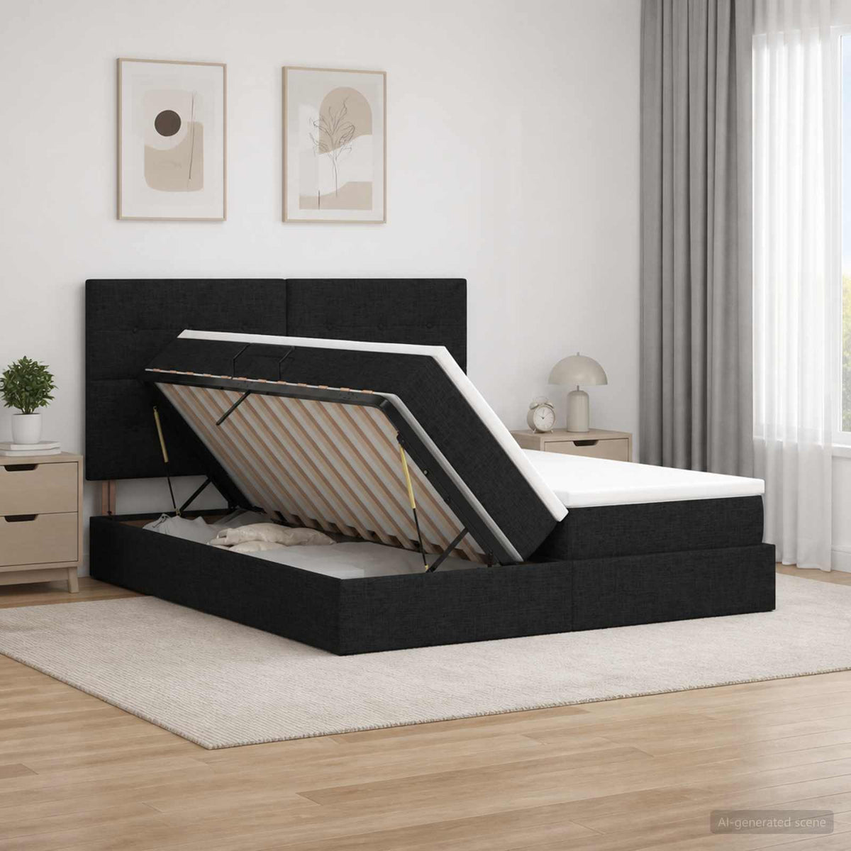 Krevet s od storage s uzglavljem Crna 200 x 200 cm Tkanina
