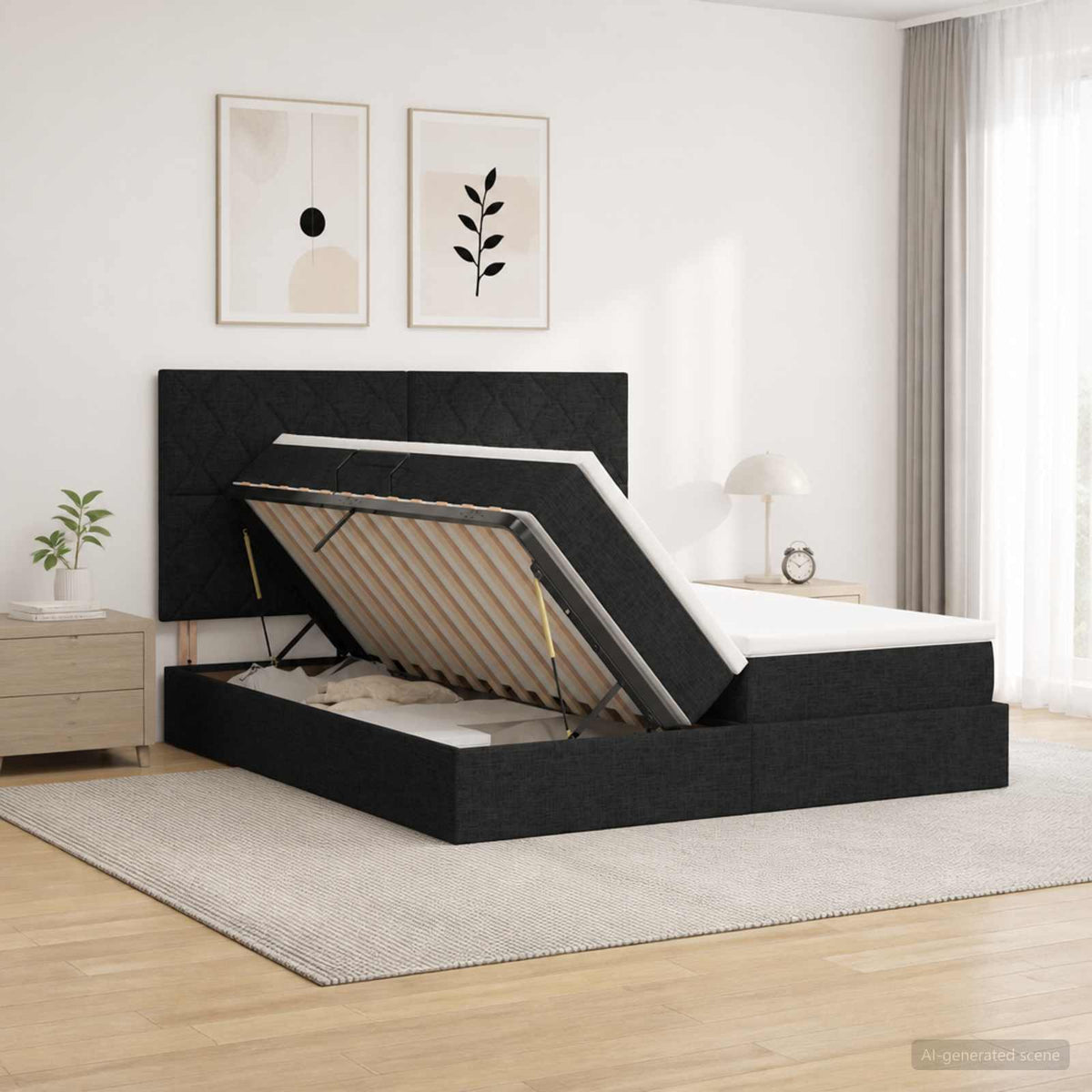 Krevet s od storage s uzglavljem Crna 200 x 200 cm Tkanina