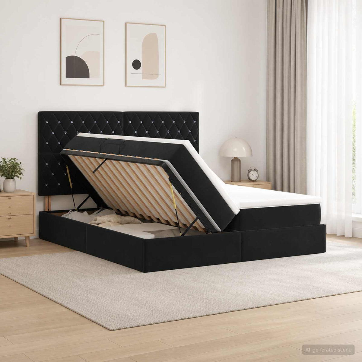 Krevet s od storage s uzglavljem Crna 200 x 200 cm Baršun
