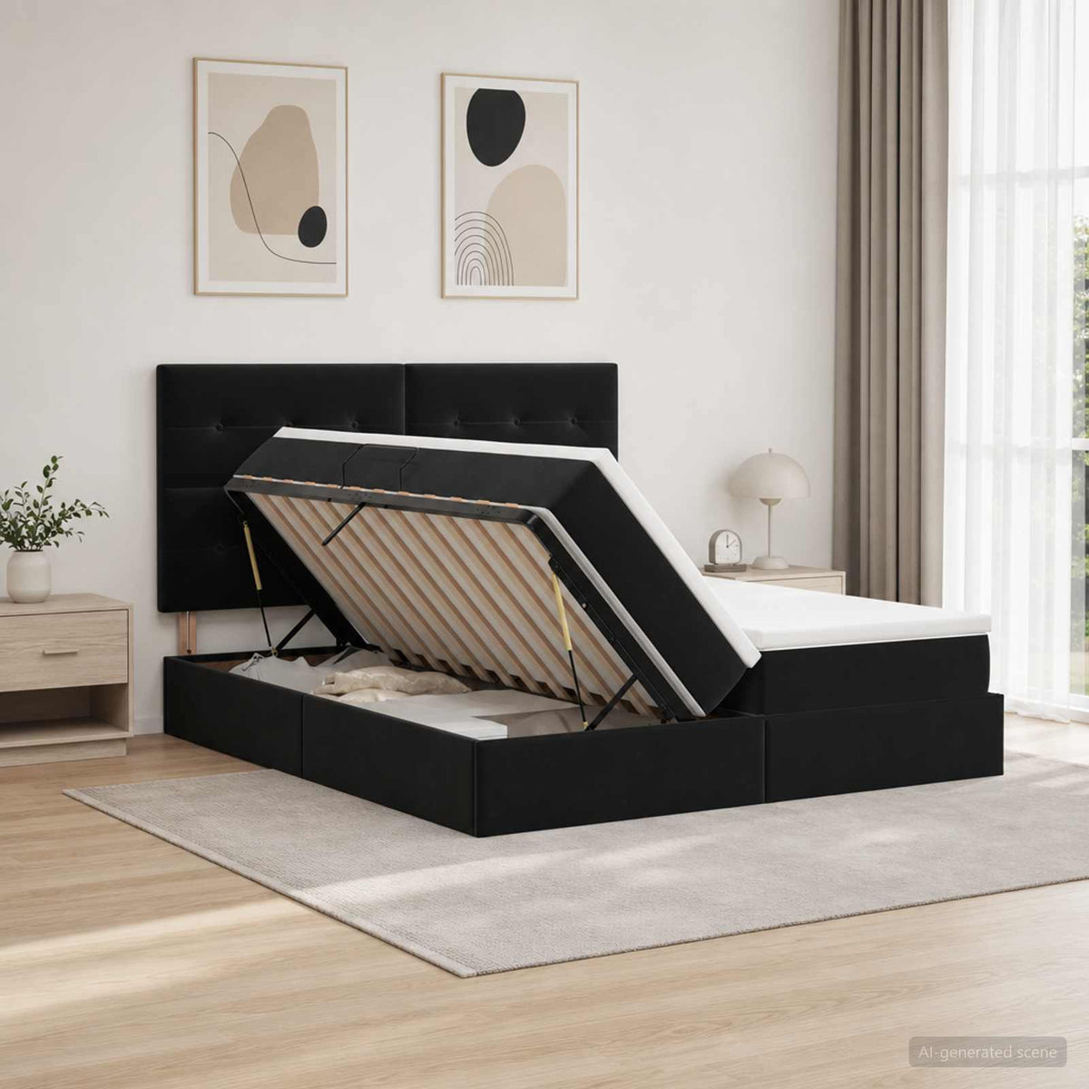 Krevet s od storage s uzglavljem Crna 200 x 200 cm Baršun