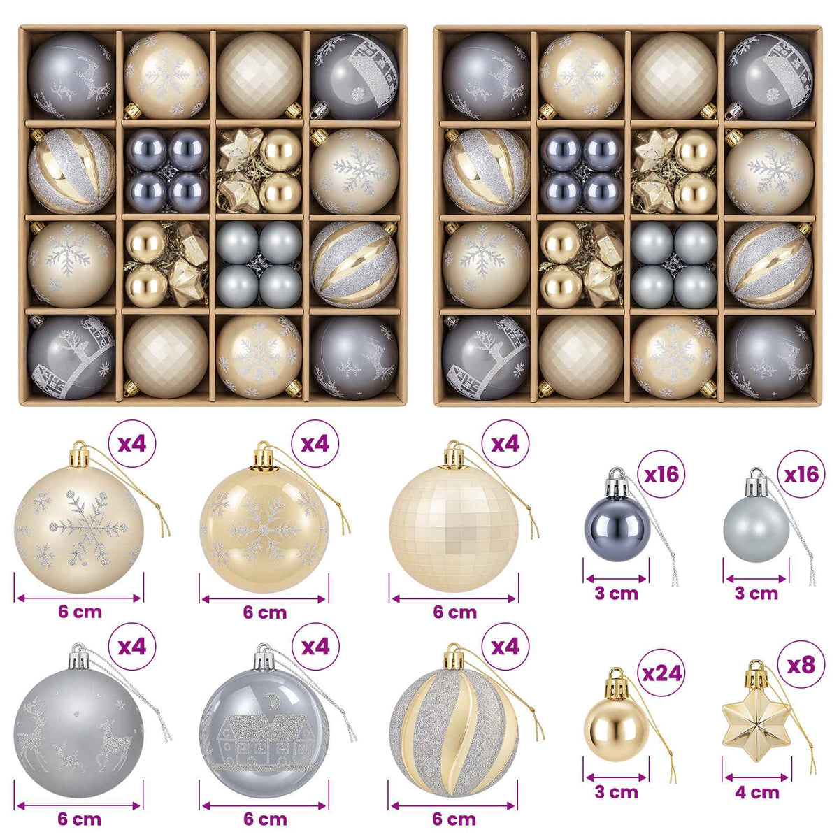 Set božićnih kuglica 88 kom. Zlatna i siva Ø 6 cm Plastika
