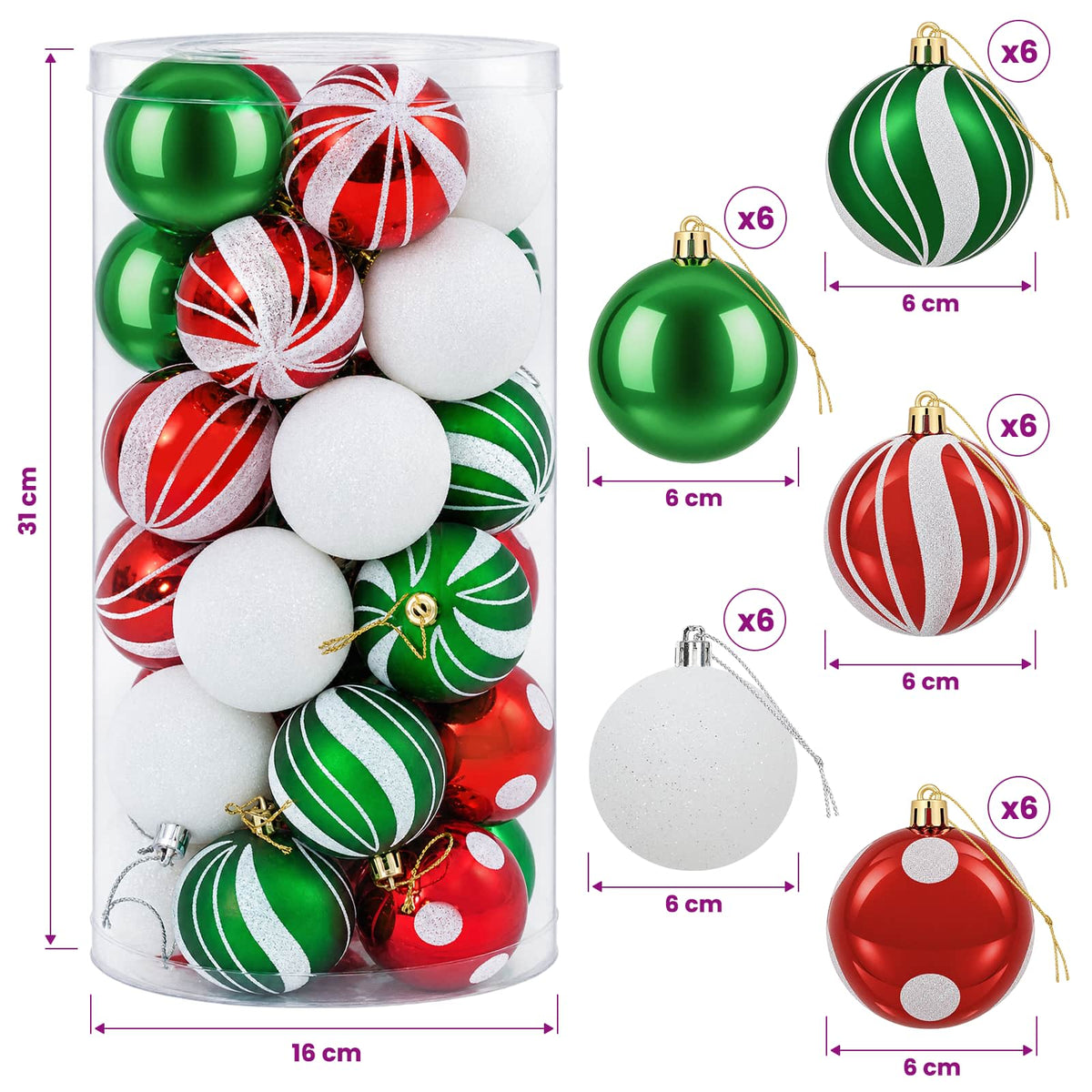 Set božićnih kuglica 30 kom. Bijela, crvena i zelena Ø 6 cm