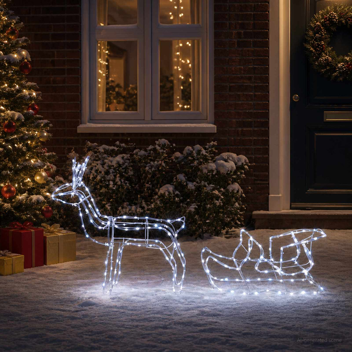 Božićna dekoracija s jelenom i sanjkama LOVIISA 240 LED lampica