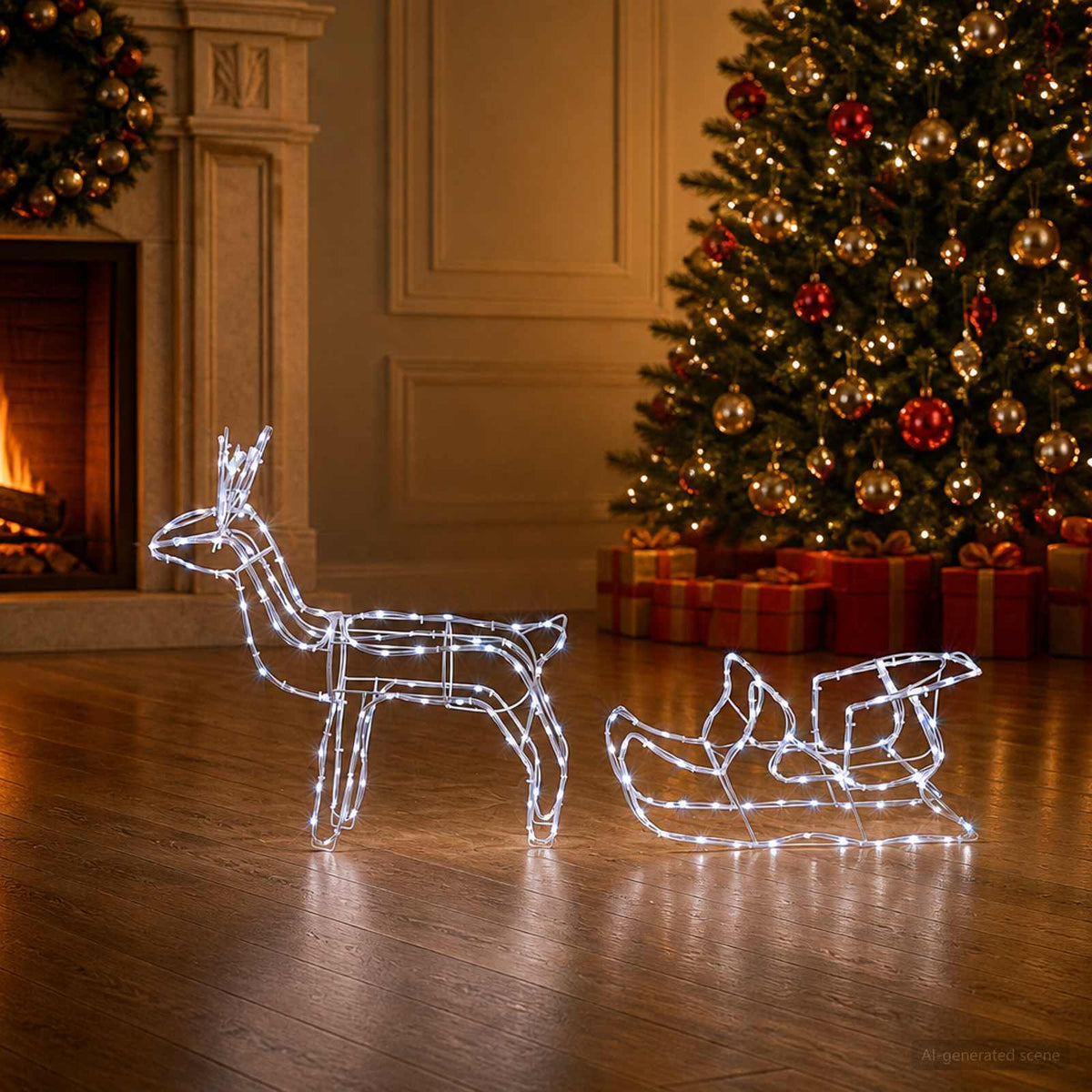 Božićna dekoracija s jelenom i sanjkama LOVIISA 240 LED lampica