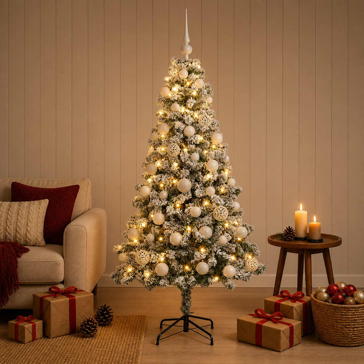 Umjetno božićno drvce s kuglicama 120 cm 150 LED lampica