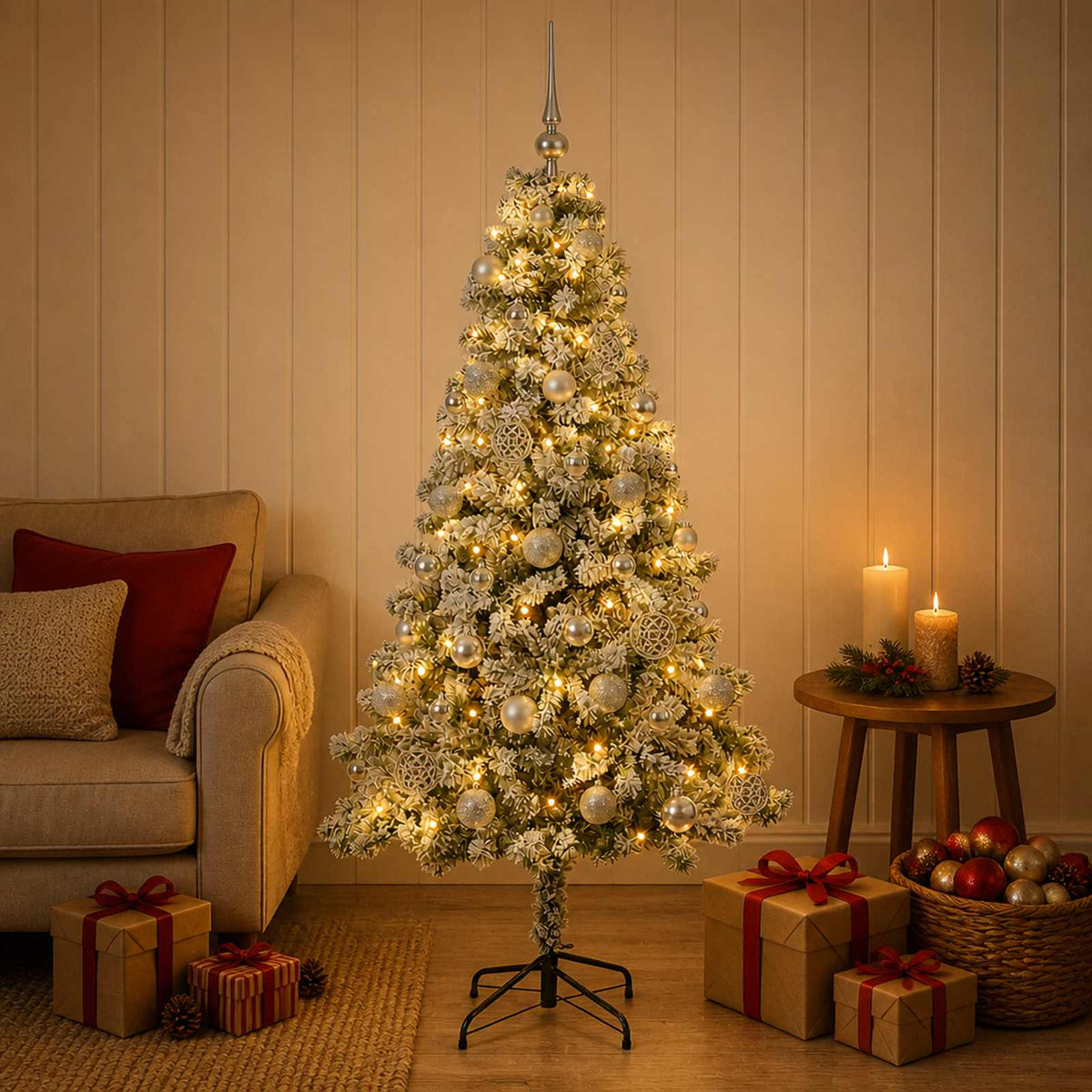 Umjetno božićno drvce s kuglicama 120 cm 150 LED lampica