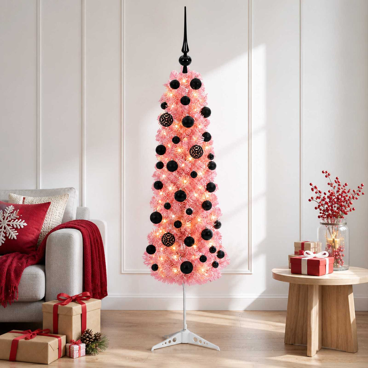 Umjetno usko božićno drvce s kuglicama 120 cm 150 LED lampica
