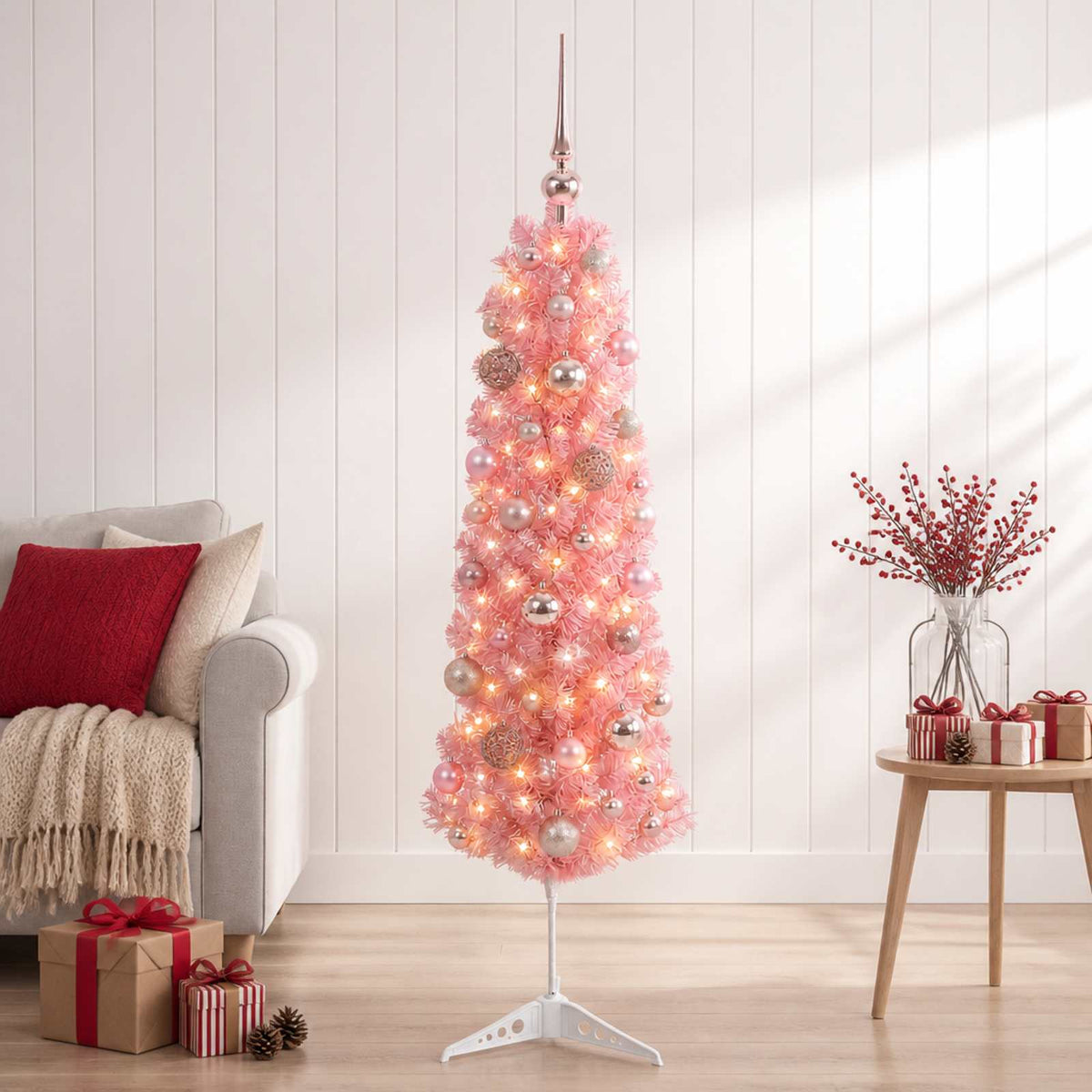 Umjetno usko božićno drvce s kuglicama 150 cm 150 LED lampica