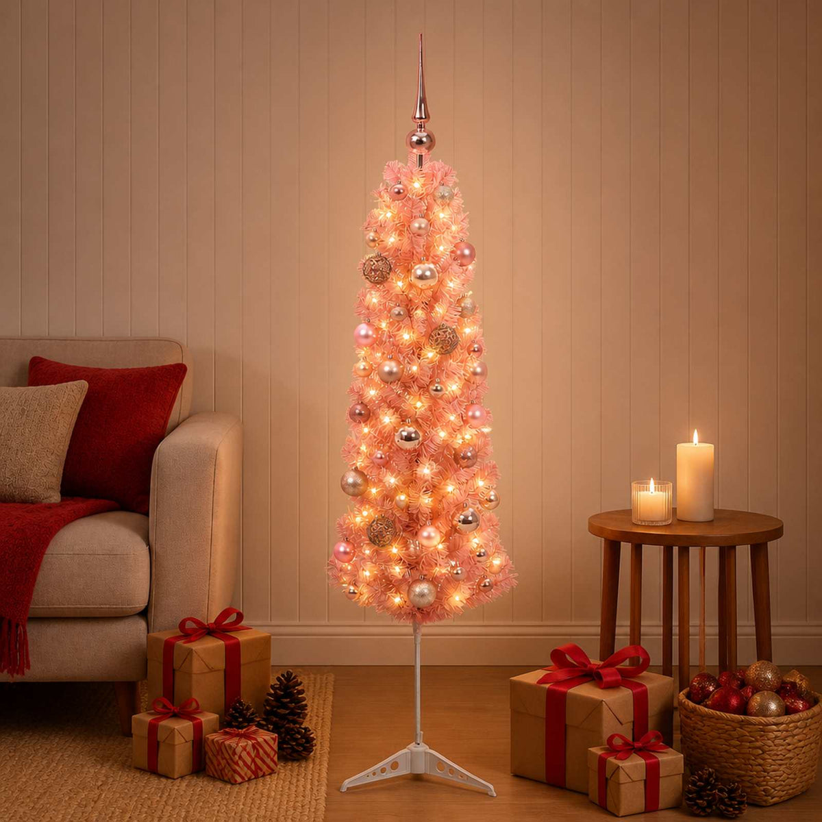 Umjetno usko božićno drvce s kuglicama 150 cm 150 LED lampica