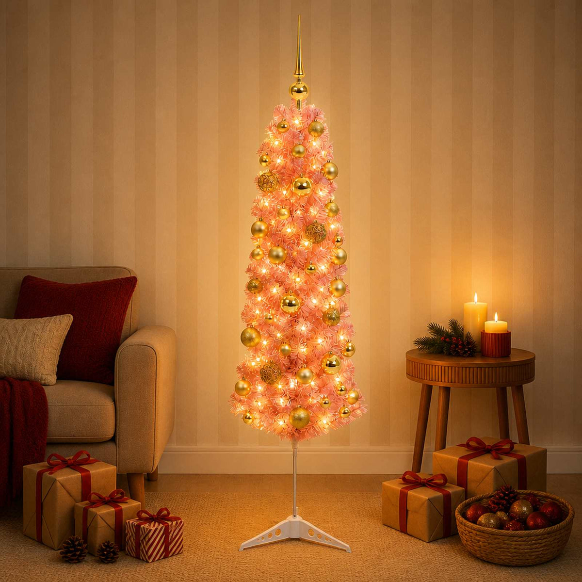 Umjetno usko božićno drvce s kuglicama 120 cm 150 LED lampica