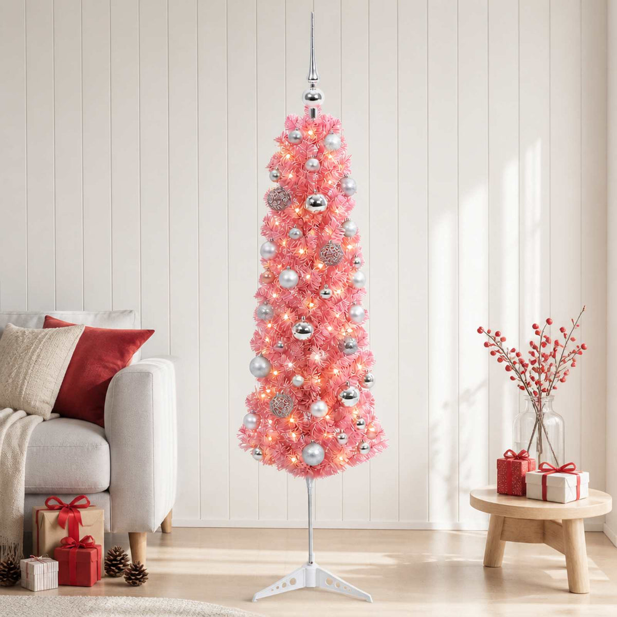 Umjetno vitko božićno drvce s kuglicama 150 cm 150 LED lampica