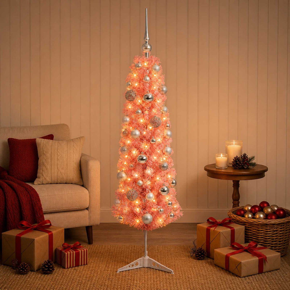Umjetno vitko božićno drvce s kuglicama 150 cm 150 LED lampica