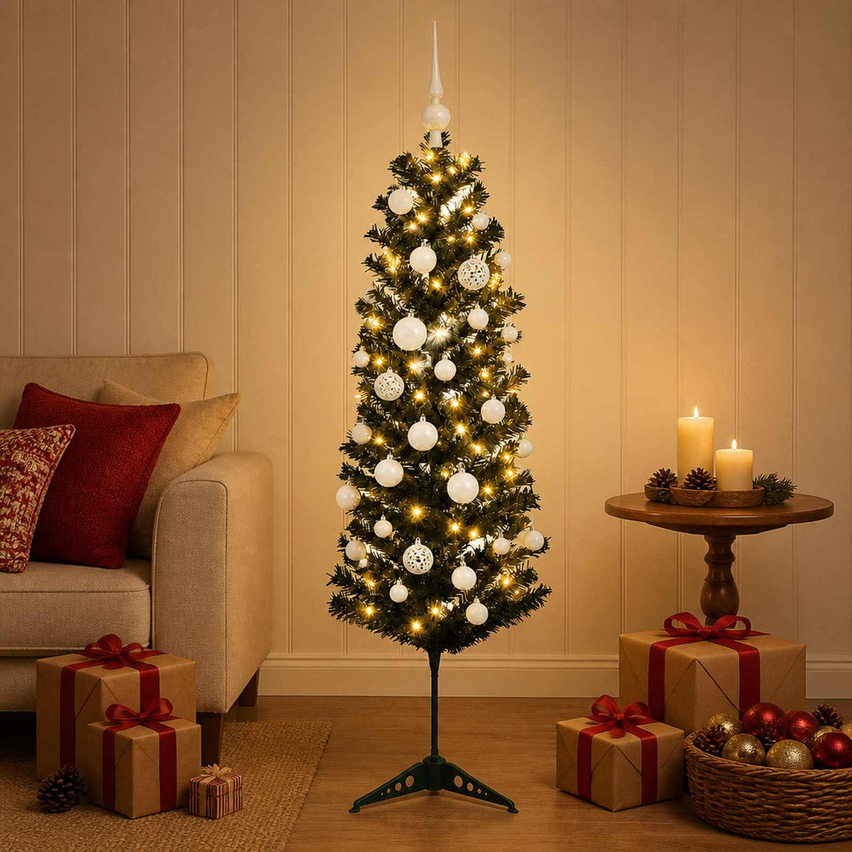 Umjetno usko božićno drvce s kuglicom 150 cm 150 LED lampica