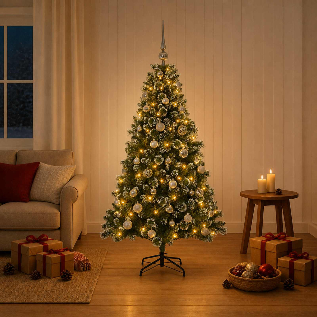 Umjetno božićno drvce s kuglicama 120 cm 150 LED lampica