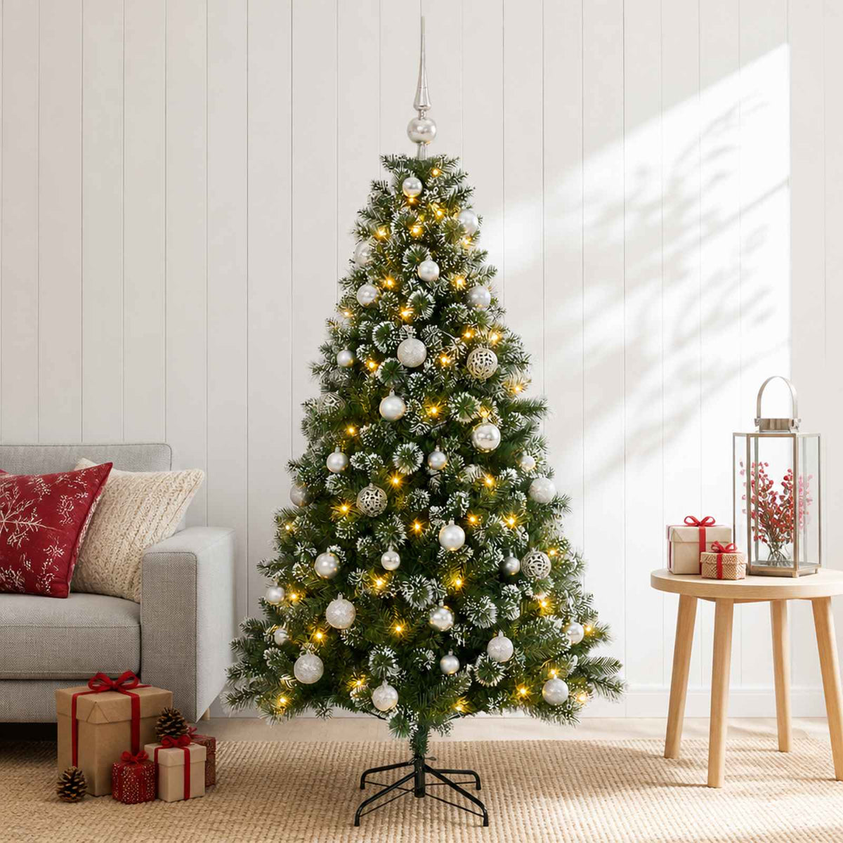 Umjetno božićno drvce s kuglicama 120 cm 150 LED lampica