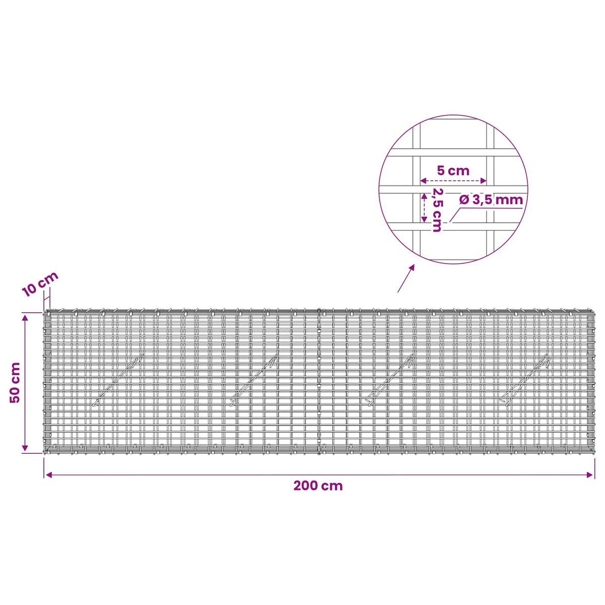 Gabion s žicom debljine 3,5 mm i mrežom 5x2,5 cm 200x10x50 cm