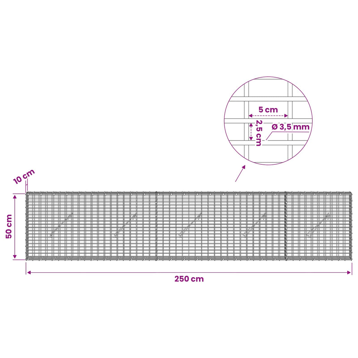 Gabion s žicom debljine 3,5 mm i mrežom 5x2,5 cm 250x10x50 cm