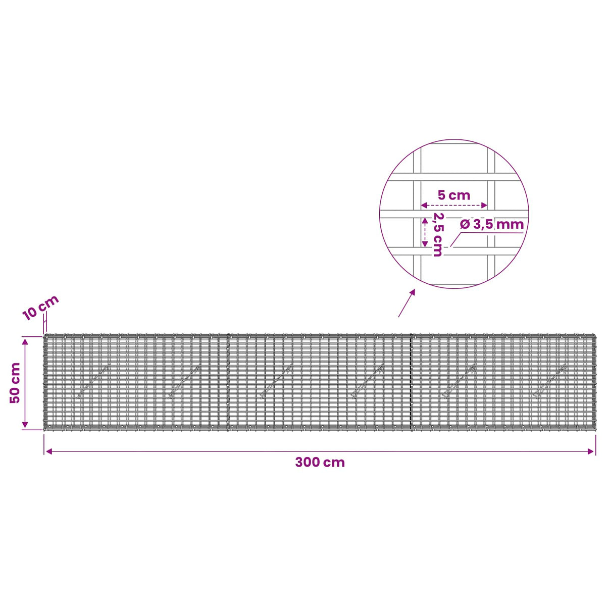 Gabion s žicom debljine 3,5 mm i mrežom 5x2,5 cm 300x10x50 cm