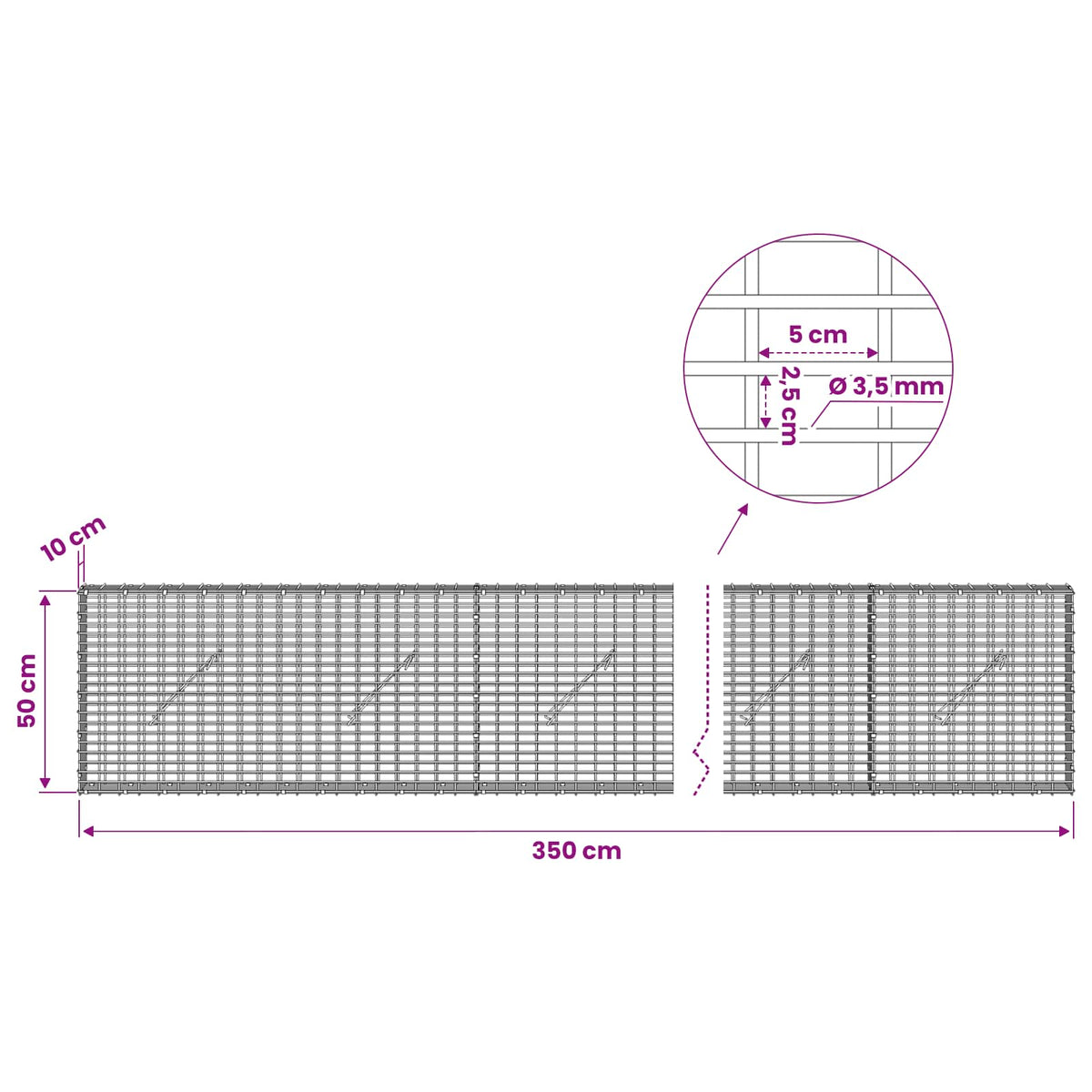 Gabion s žicom debljine 3,5 mm i mrežom 5x2,5 cm 350x10x50 cm
