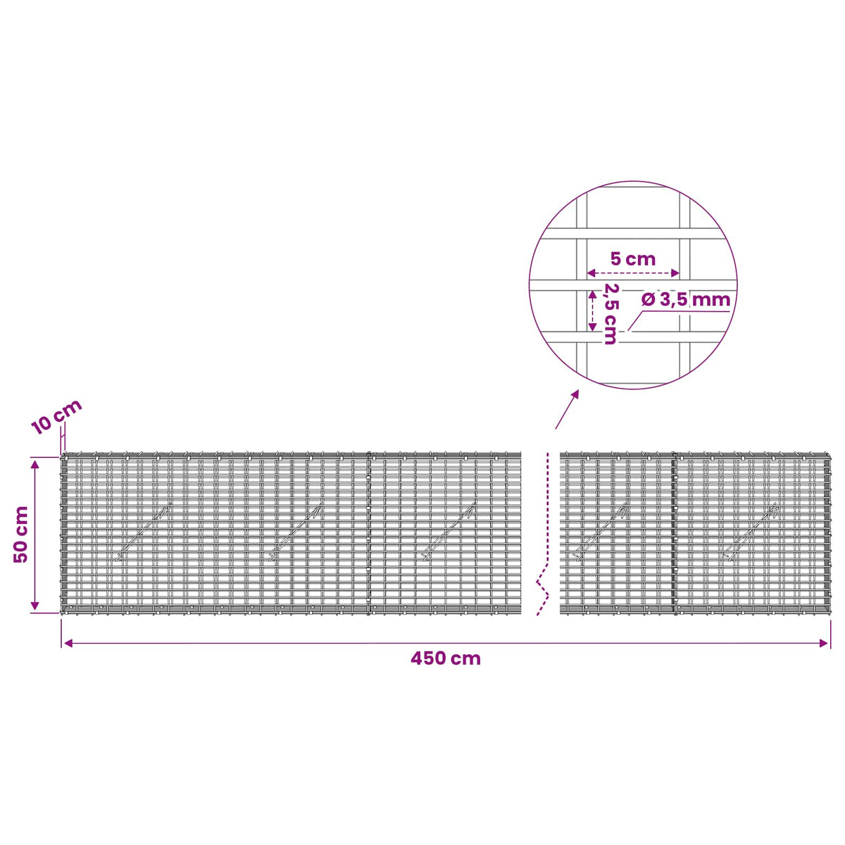 Gabion s žicom debljine 3,5 mm i mrežom 5x2,5 cm 450x10x50 cm