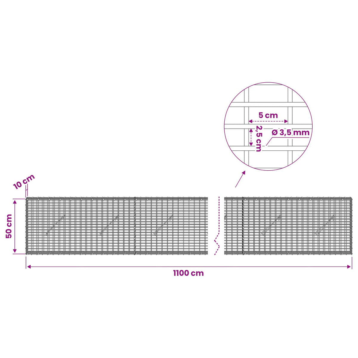 Gabion s žicom debljine 3,5 mm i mrežom 5x2,5 cm 1100x10x50 cm