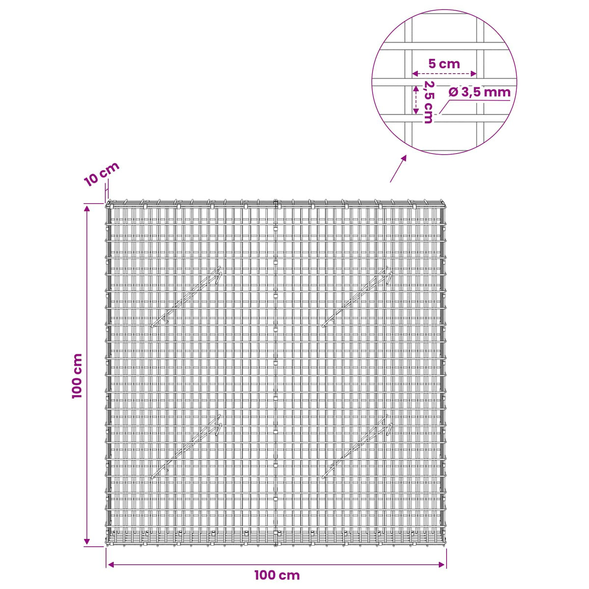 Gabion s žicom debljine 3,5 mm i mrežom 5x2,5 cm 100x10x100 cm