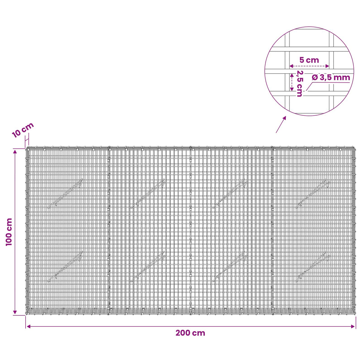 Gabion s žicom debljine 3,5 mm i mrežom 5x2,5 cm 200x10x100 cm