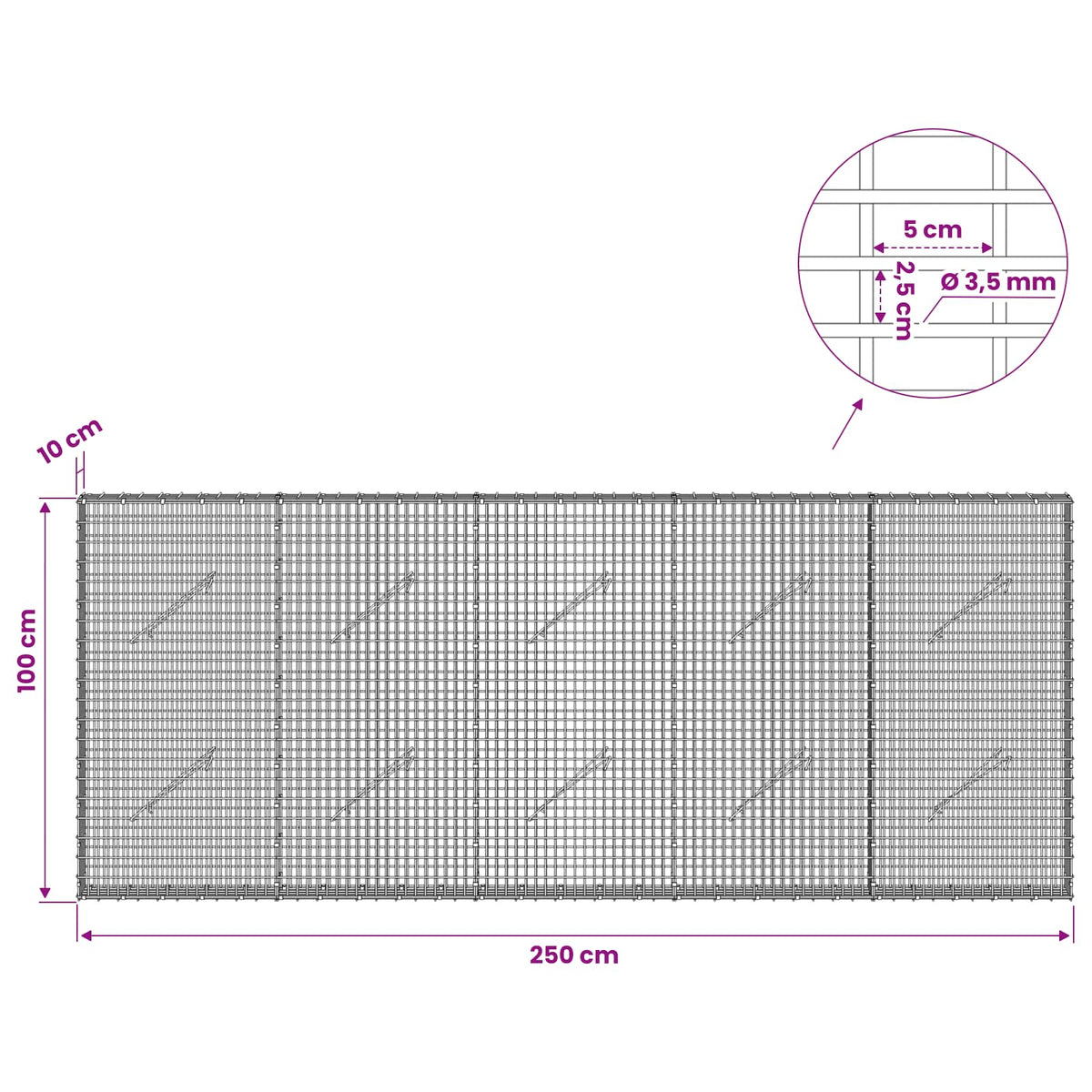 Gabion s žicom debljine 3,5 mm i mrežom 5x2,5 cm 250x10x100 cm
