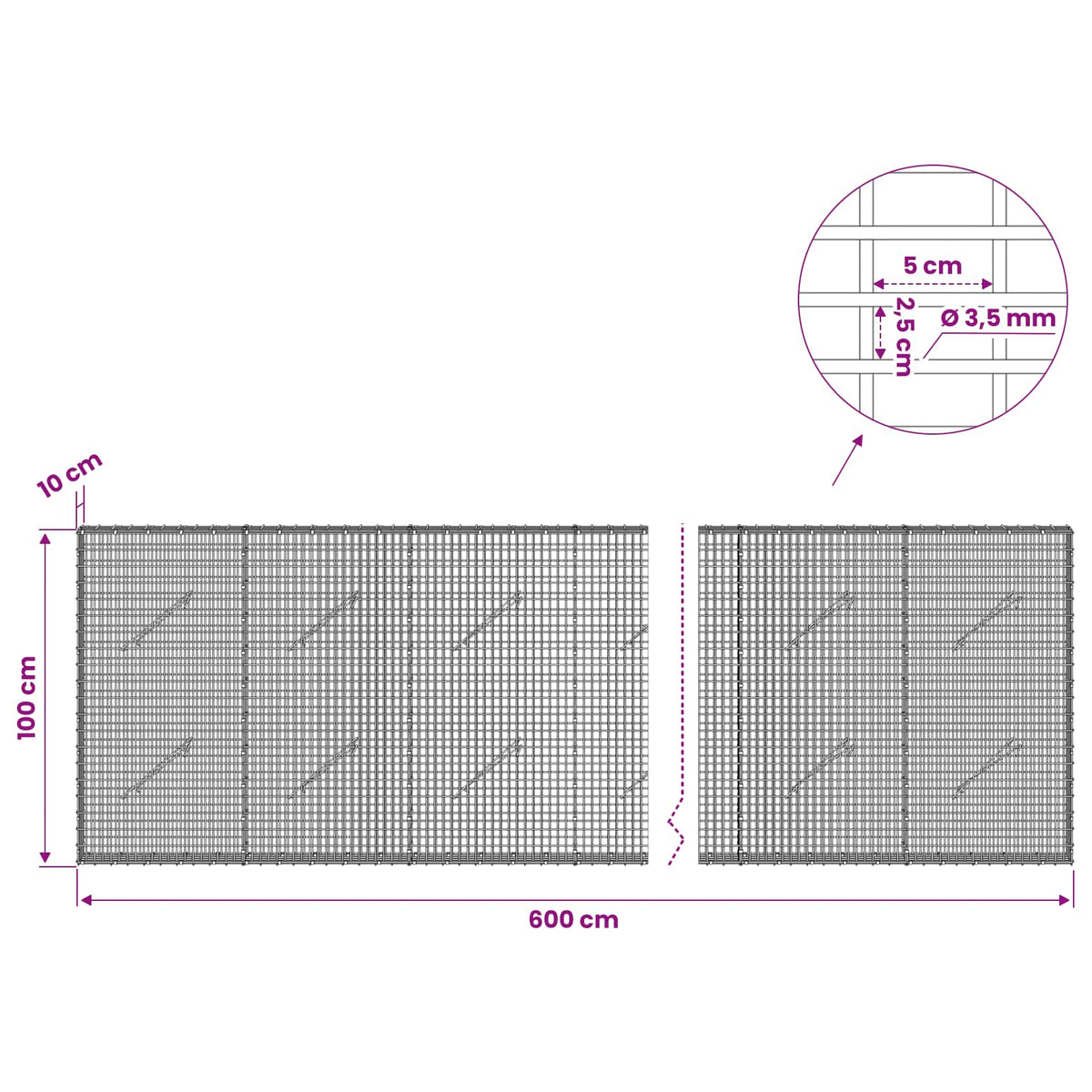 Gabion s žicom debljine 3,5 mm i mrežom 5x2,5 cm 600x10x100 cm