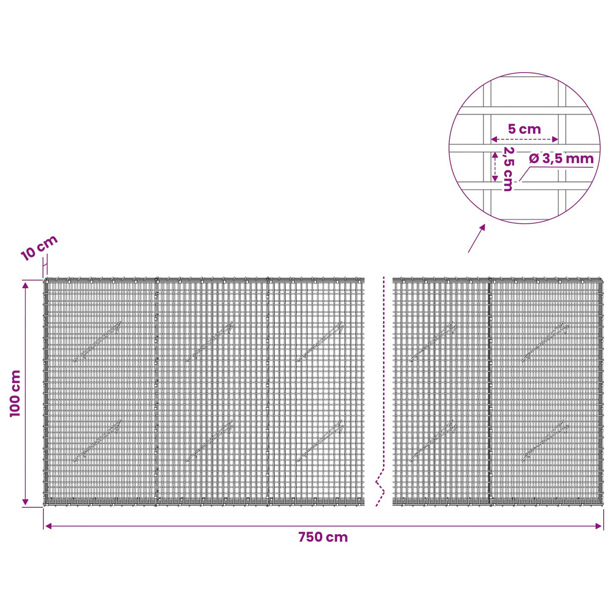 Gabion s žicom debljine 3,5 mm i mrežom 5x2,5 cm 750x10x100 cm