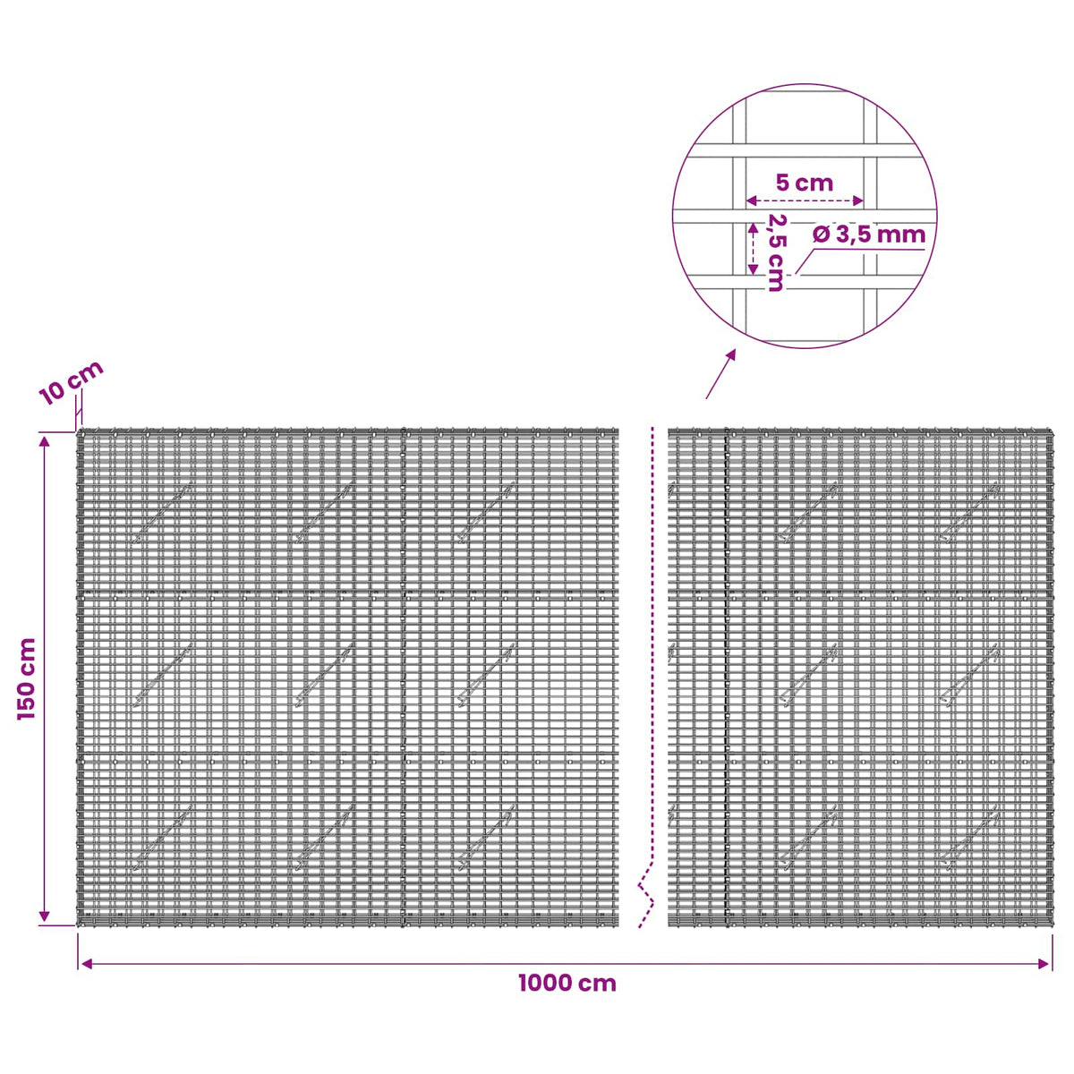 Gabion s žicom debljine 3,5 mm i mrežom 5x2,5 cm 1000x10x150 cm
