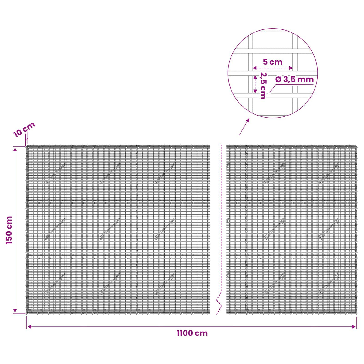 Gabion s žicom debljine 3,5 mm i mrežom 5x2,5 cm 1100x10x150 cm