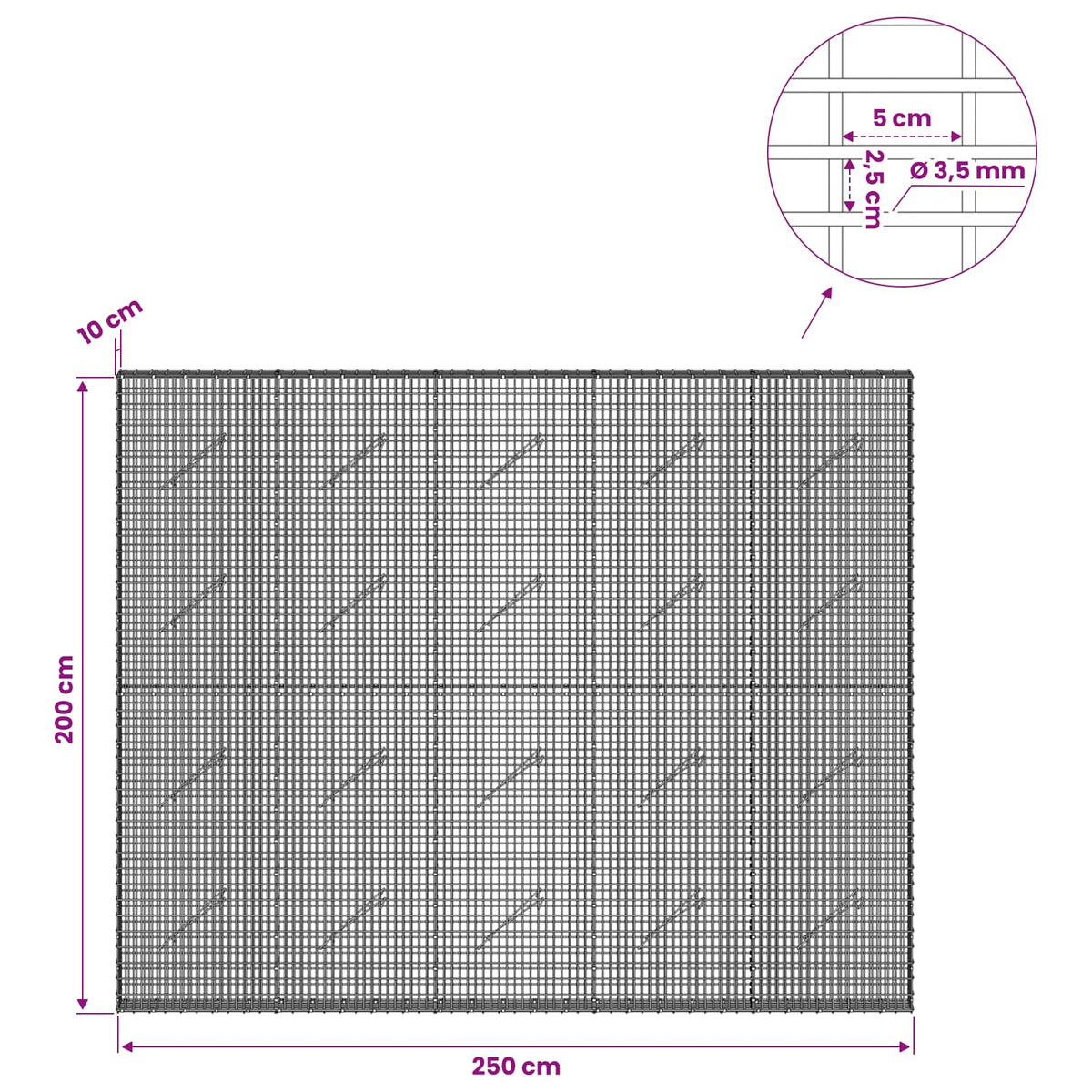 Gabion s žicom debljine 3,5 mm i mrežom 5x2,5 cm 250x10x200 cm