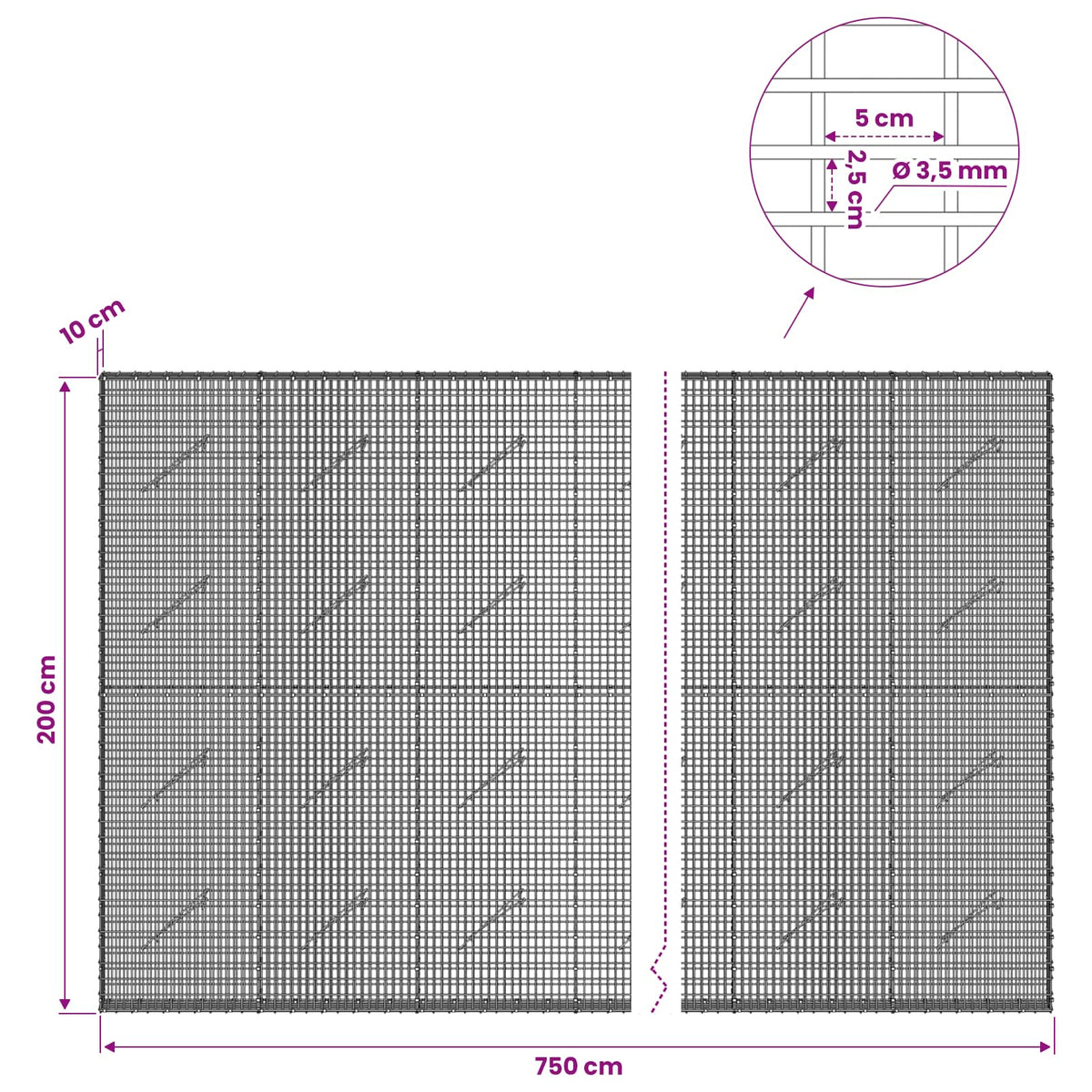 Gabion s žicom debljine 3,5 mm i mrežom 5x2,5 cm 750x10x200 cm