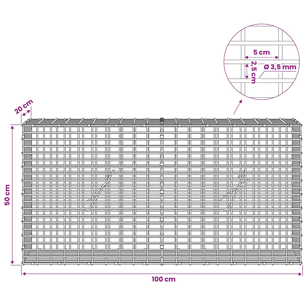 Gabion s žicom debljine 3,5 mm i mrežom 5x2,5 cm 100x20x50 cm
