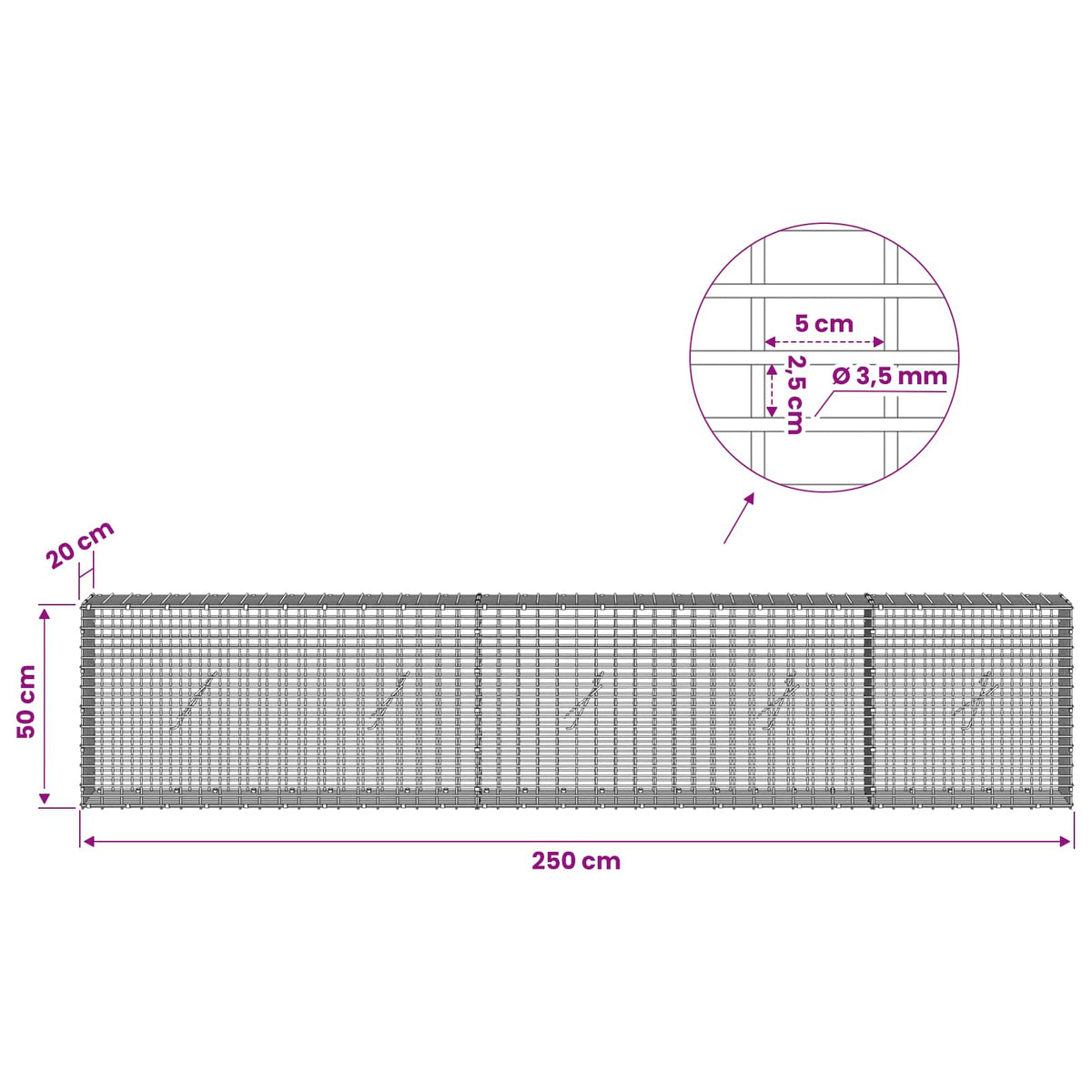 Gabion s žicom debljine 3,5 mm i mrežom 5x2,5 cm 250x20x50 cm