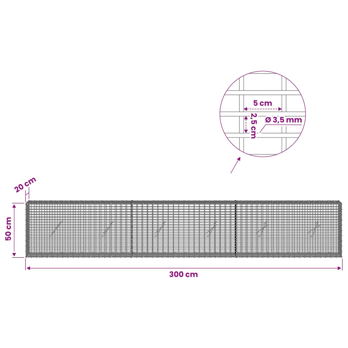 Gabion s žicom debljine 3,5 mm i mrežom 5x2,5 cm 300x20x50 cm