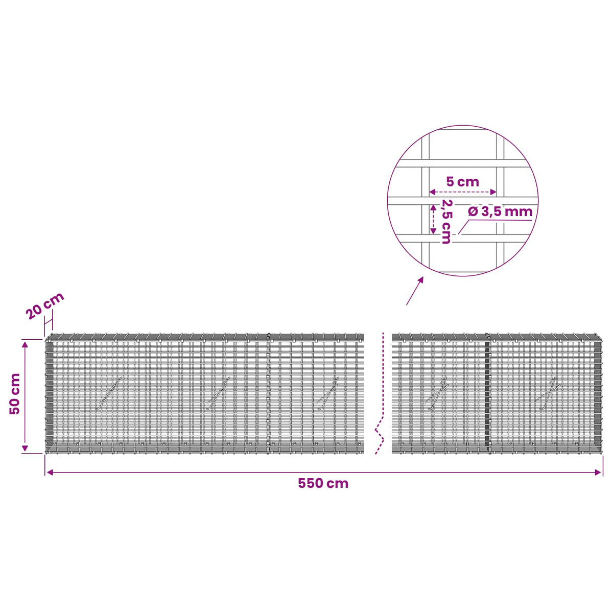 Gabion s žicom debljine 3,5 mm i mrežom 5x2,5 cm 550x20x50 cm