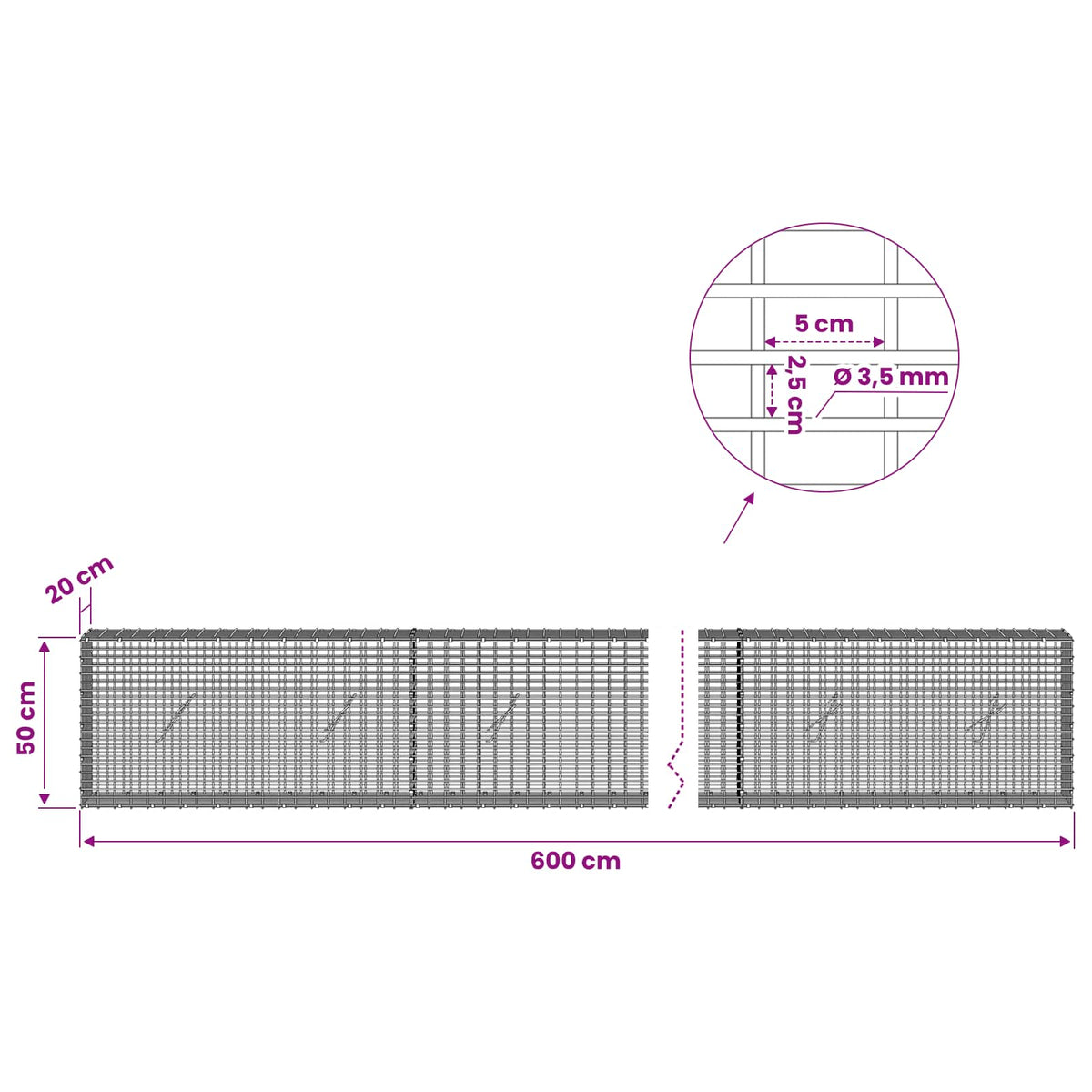 Gabion s žicom debljine 3,5 mm i mrežom 5x2,5 cm 600x20x50 cm