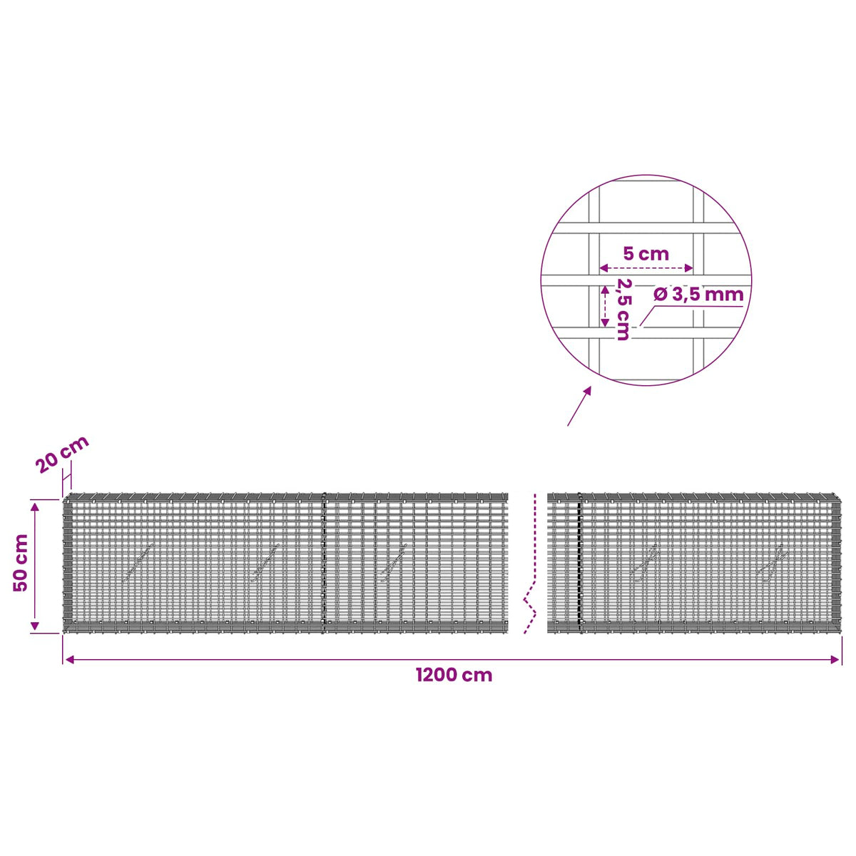Gabion s žicom debljine 3,5 mm i mrežom 5x2,5 cm 1200x20x50 cm
