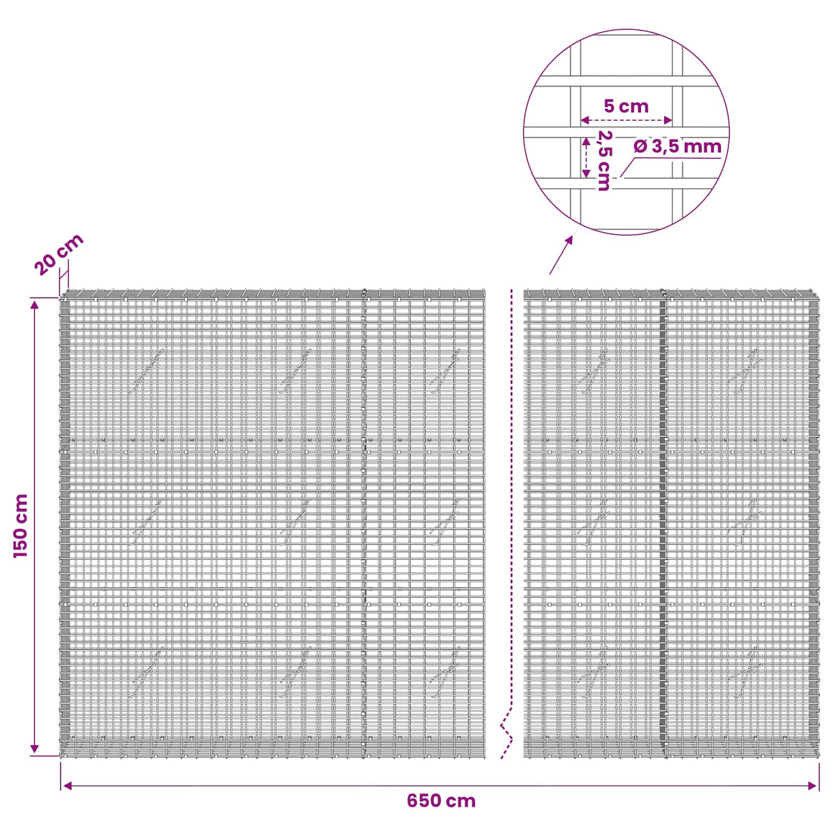 Gabion s žicom debljine 3,5 mm i mrežom 5x2,5 cm 650x20x150 cm