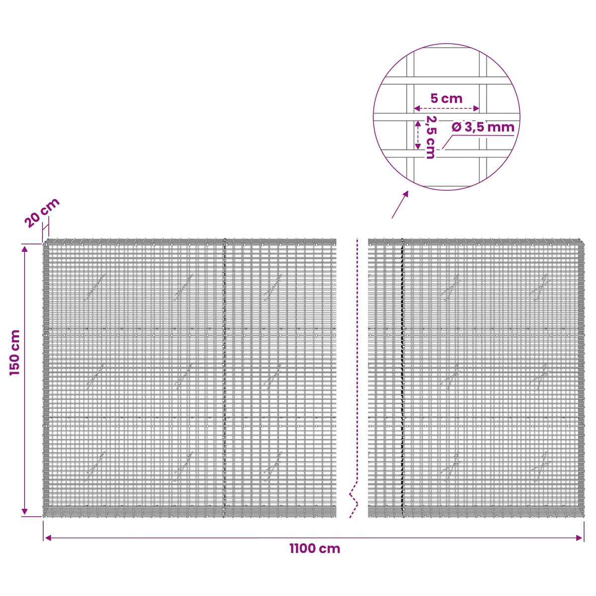 Gabion s žicom debljine 3,5 mm i mrežom 5x2,5 cm 1100x20x150 cm