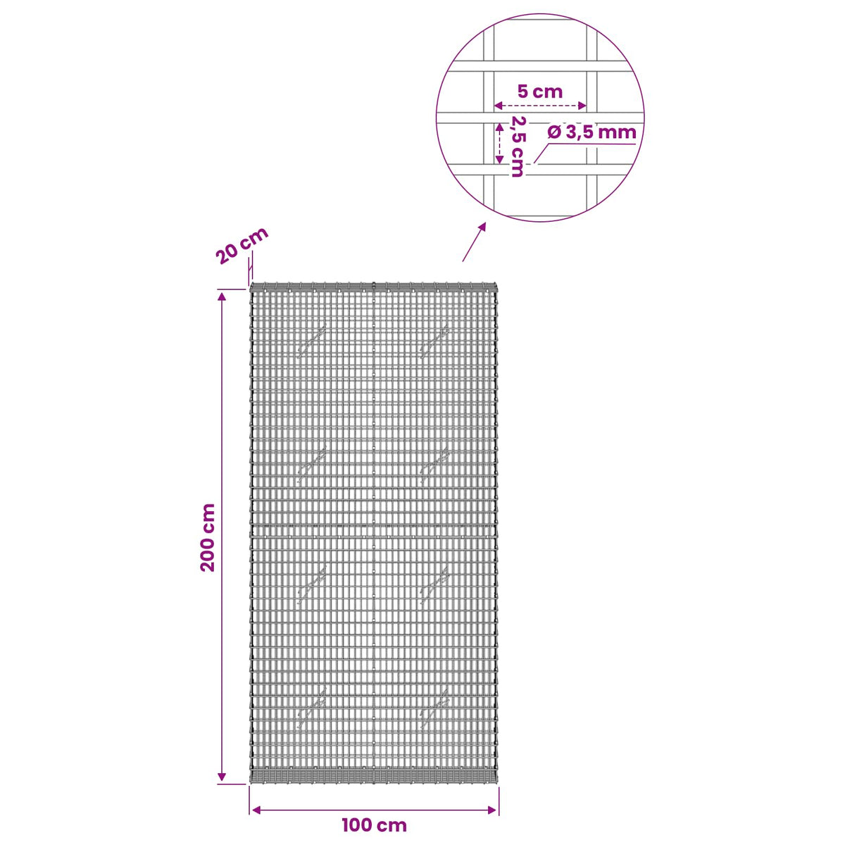 Gabion s žicom debljine 3,5 mm i mrežom 5x2,5 cm 100x20x200 cm