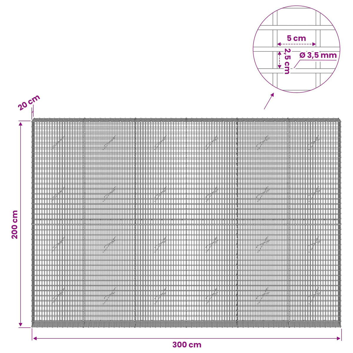 Gabion s žicom debljine 3,5 mm i mrežom 5x2,5 cm 300x20x200 cm