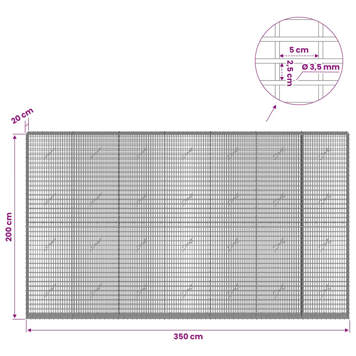 Gabion s žicom debljine 3,5 mm i mrežom 5x2,5 cm 350x20x200 cm