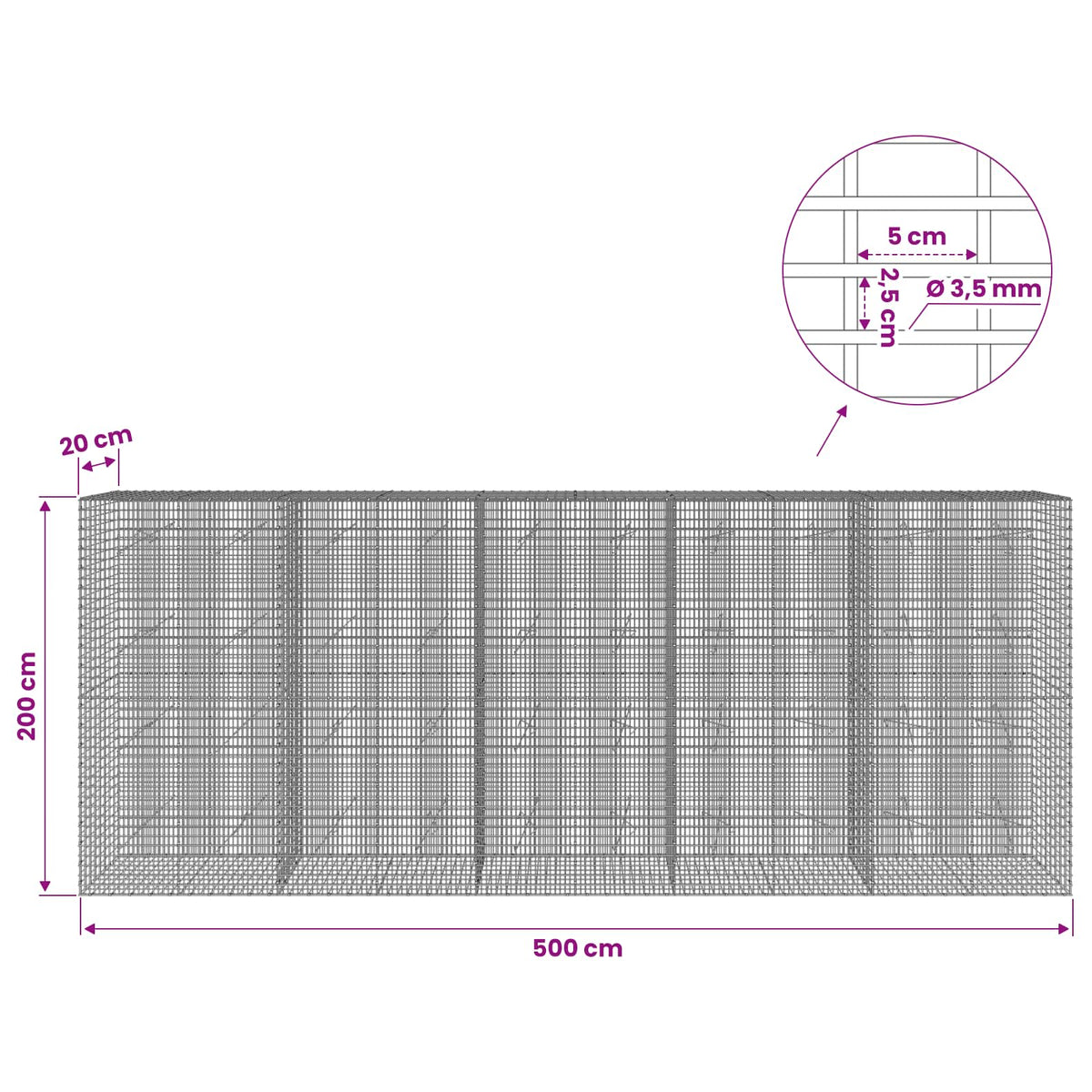 Gabion s žicom debljine 3,5 mm i mrežom 5x2,5 cm 500x20x200 cm