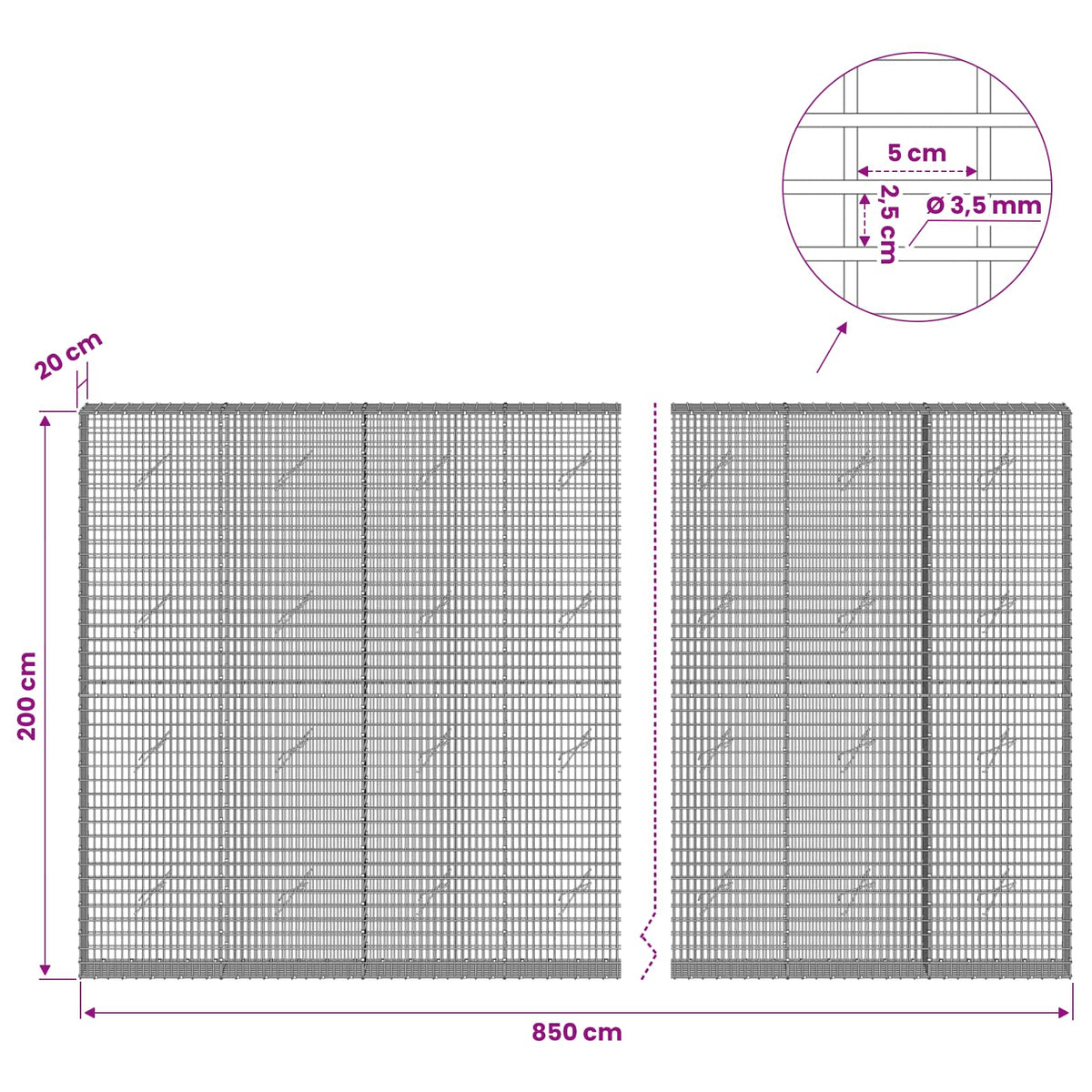 Gabion s žicom debljine 3,5 mm i mrežom 5x2,5 cm 850x20x200 cm