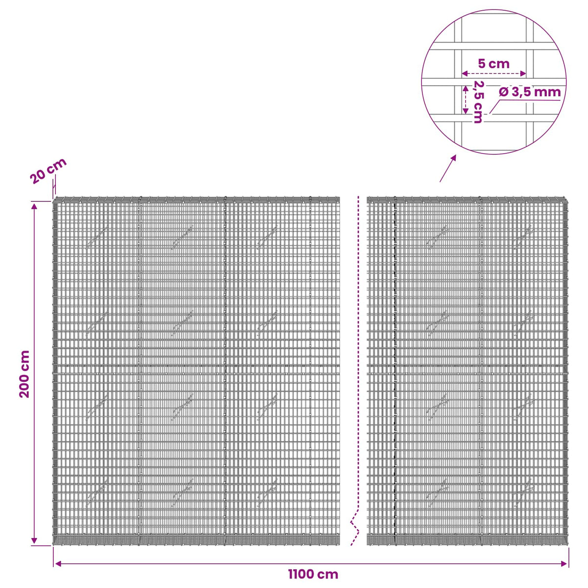 Gabion s žicom debljine 3,5 mm i mrežom 5x2,5 cm 1100x20x200 cm