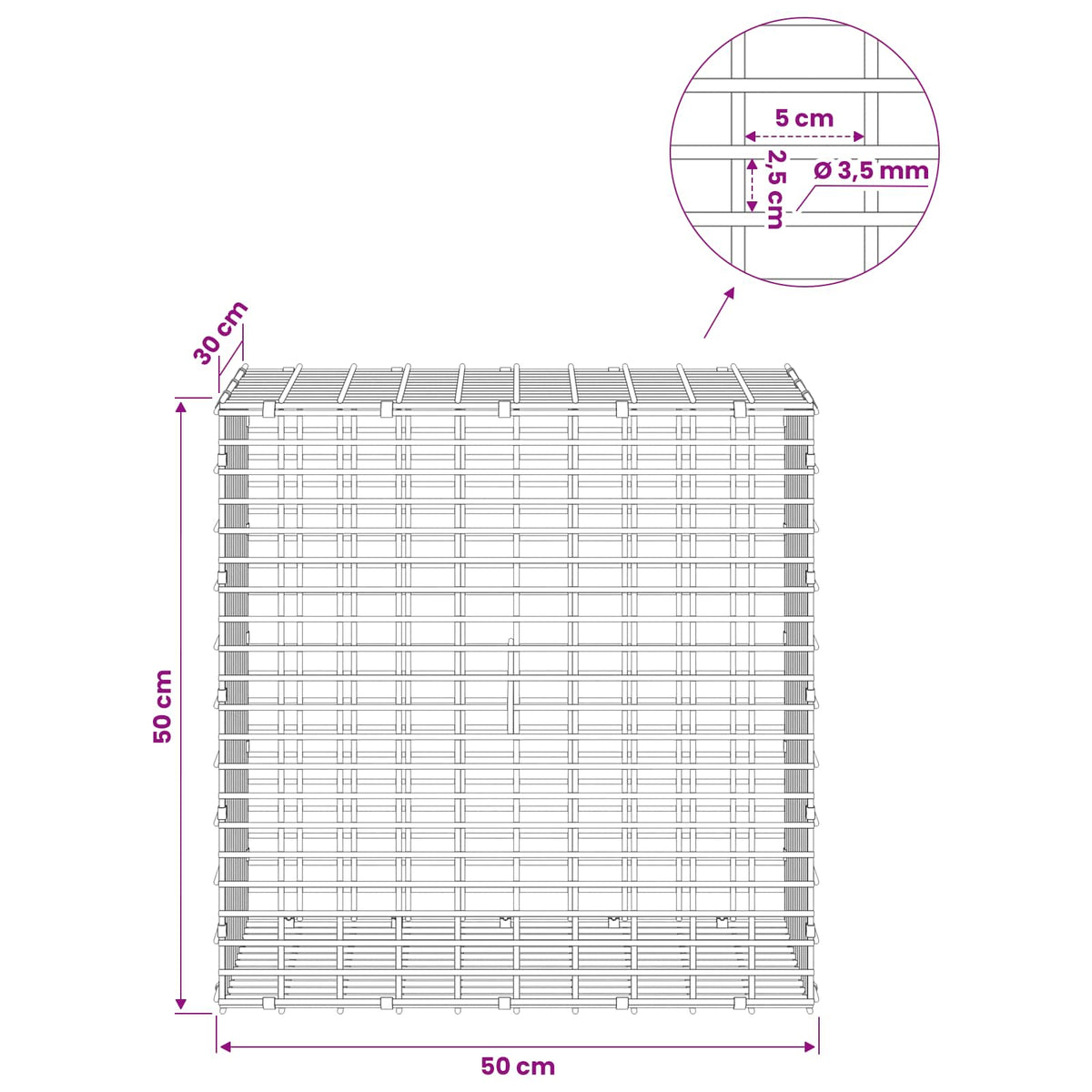 Gabion s žicom debljine 3,5 mm i mrežom 5x2,5 cm 50x30x50 cm